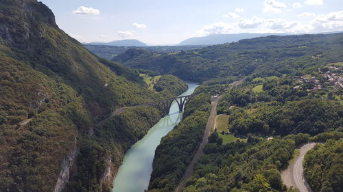 High angle view of mountains against sky