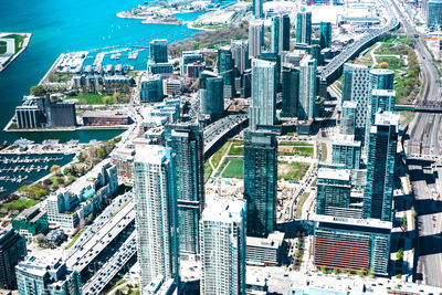 High angle view of modern buildings in city