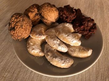 High angle view of meat in plate on table