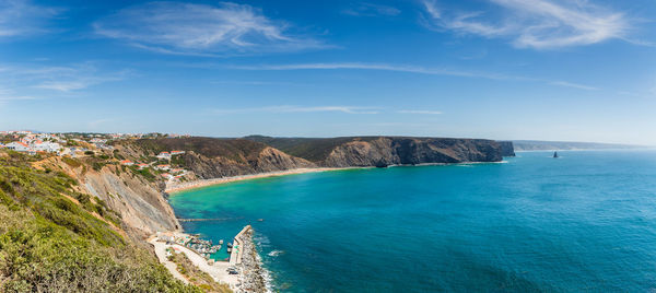 High angle view of bay against sky