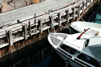 Close-up of boats moored in water