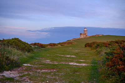 Belle tout lighthouse at beachy head on south downs, chalk. near eastbourne east sussex, england uk