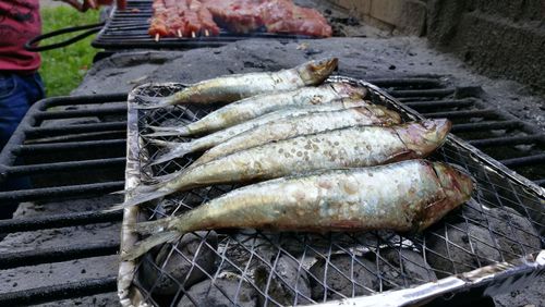 Close-up of fish on barbecue grill