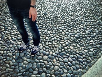 Low section of man standing on cobblestone street in vigevano town