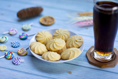 High angle view of cookies in plate on table