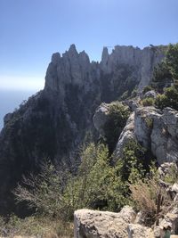 Rock formation on mountain against clear sky