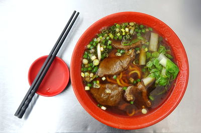 High angle view of soup in bowl