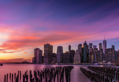 Panoramic view of modern buildings against sky during sunset