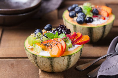 High angle view of fruits in plate on table