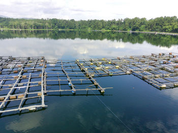 Aerial view of the lake with the floating fishnet