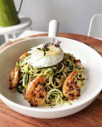 Zucchini fried noodle with prawn and egg