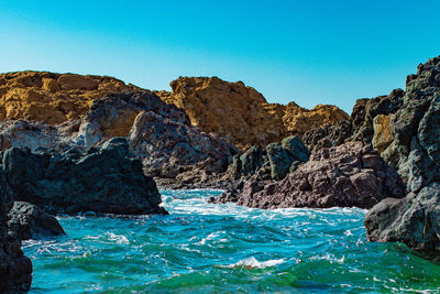 Scenic view of sea against clear blue sky