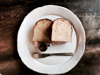 High angle view of breakfast in plate on table