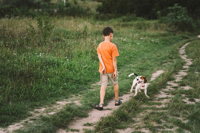 Portrait of a little boy playing with his jack russell dog in the park.