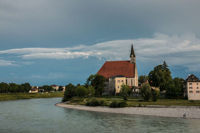 River by temple against sky