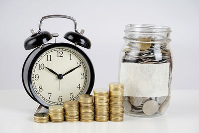 Close-up of coins on table against white background