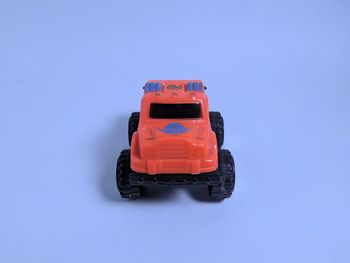 High angle view of toy car against blue background