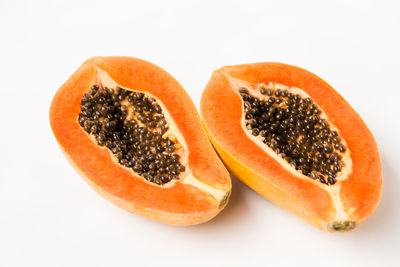 Close-up of orange slice against white background