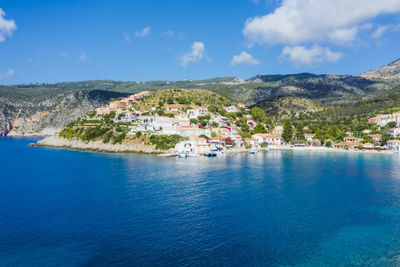 Assos picturesque fishing village from above, kefalonia, greece. erial drone view. 