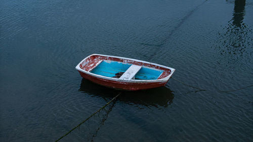 High angle view of abandoned boat moored on lake