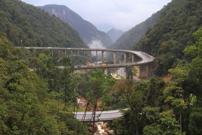 Bridge over river against mountains