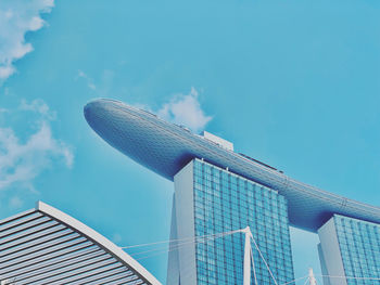 Low angle view of modern building against blue sky