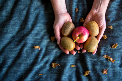 High angle view of hand holding apple on table