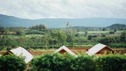 Houses and trees on landscape against sky