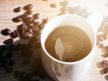 High angle view of coffee cup on table