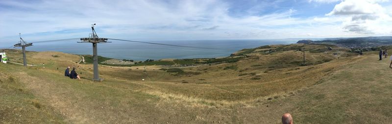 Panoramic view of mountains by sea against sky