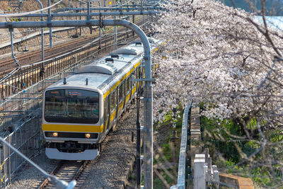 High angle view of train at railroad station