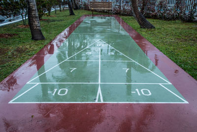 High angle view of numbers on wet playing field during rainy season