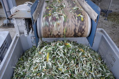 High angle view of leaves on agricultural machinery