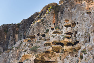 Low angle view of rock formations against sky