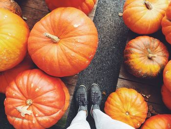 Low section of woman standing by pumpkins