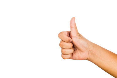 Close-up of human hand against white background