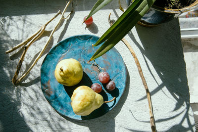 High angle view of fruits in plate on table