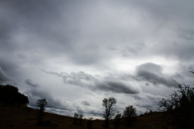 Low angle view of storm clouds over silhouette landscape