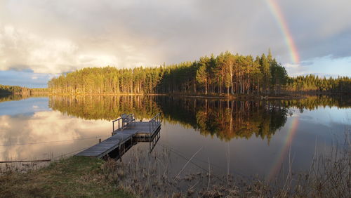 Scenic view of calm lake with trees and rainbow reflection