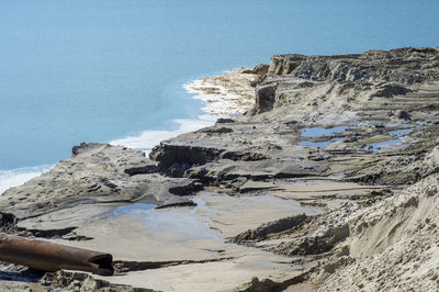 Rock formations on beach against clear blue sky