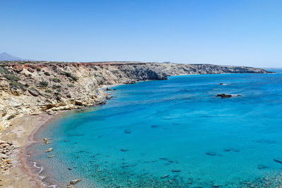 Scenic view of sea against clear blue sky