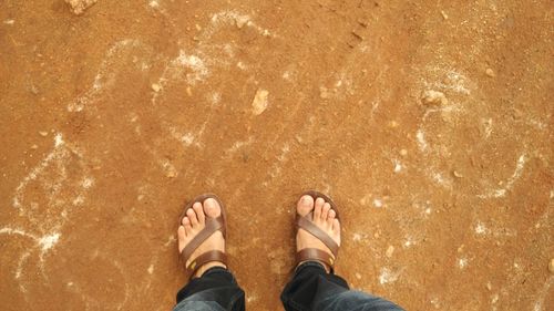 Low section of man standing on sand