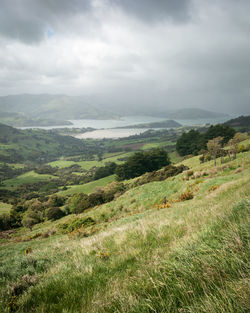Storm approaching a valley with green rolling hills, banks peninsula near christchurch, new zealand