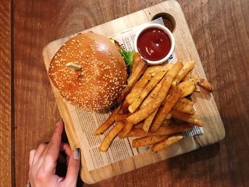 High angle view of food served on table