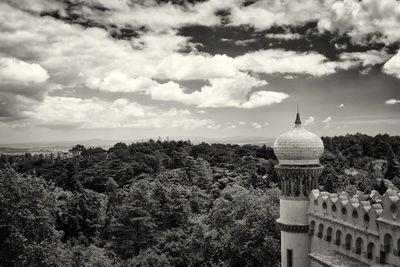 Trees on landscape against cloudy sky