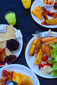 High angle view of breakfast served on table