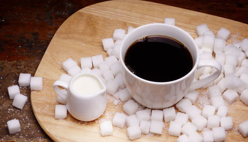 High angle view of coffee cup on table