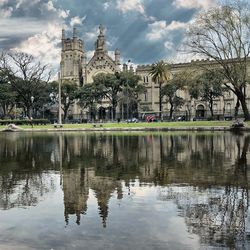 Reflection of buildings and trees in lake