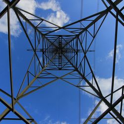 Low angle view of electricity pylon against sky