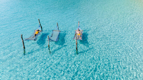 High angle view of ship on sea